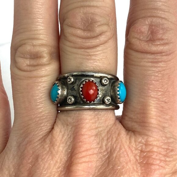 VTG Sterling Silver 925 Southwest Style Turquoise Coral 3 Stone Wide Band Ring - Picture 13 of 16